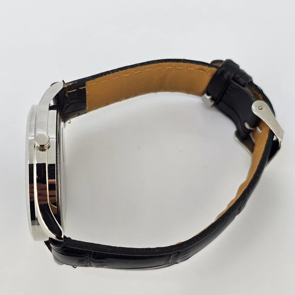 Men Easy Read Watch Analog 40MM Black Dial Black‎ Faux Leather Bands New Battery